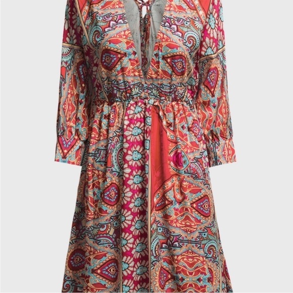 New Multicolour V Neck 3/4 Sleeve Bohemian Vintage Print Mini Dress - Picture 5 of 10